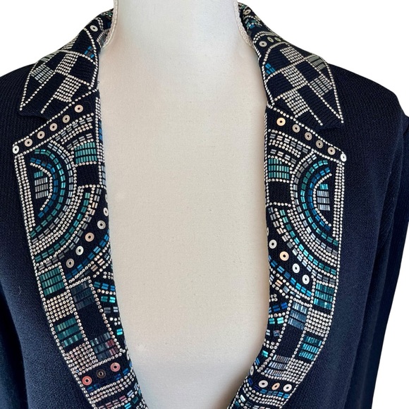ST JOHN Black Knit Beaded Bolero Jacket Fringe 12 Cowgirl Western Sequin Cropped - Picture 5 of 16